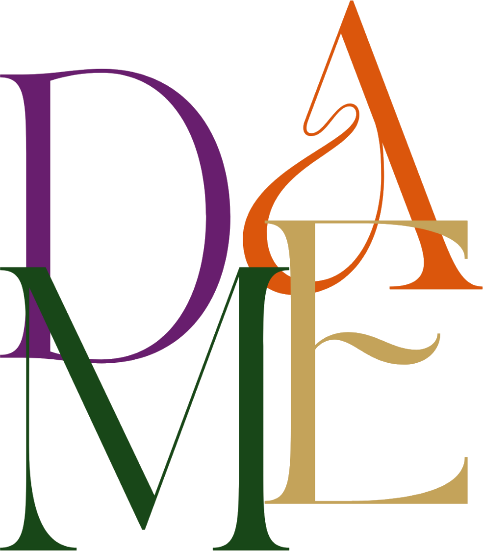 DAME Collective — stacked DAME lettermark in purple, orange, forest green and gold