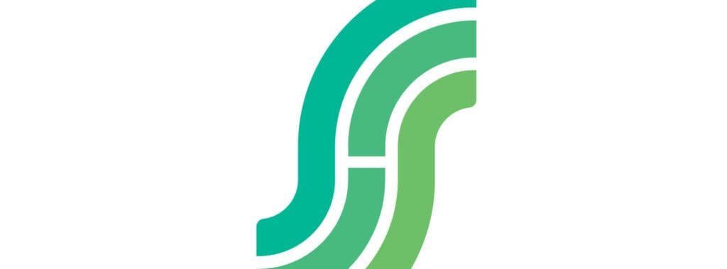 Stylized logo with teal and green curved lines forming an abstract design.