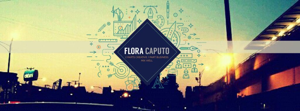Flora Caputo logo with nature-themed graphic elements and city skyline.