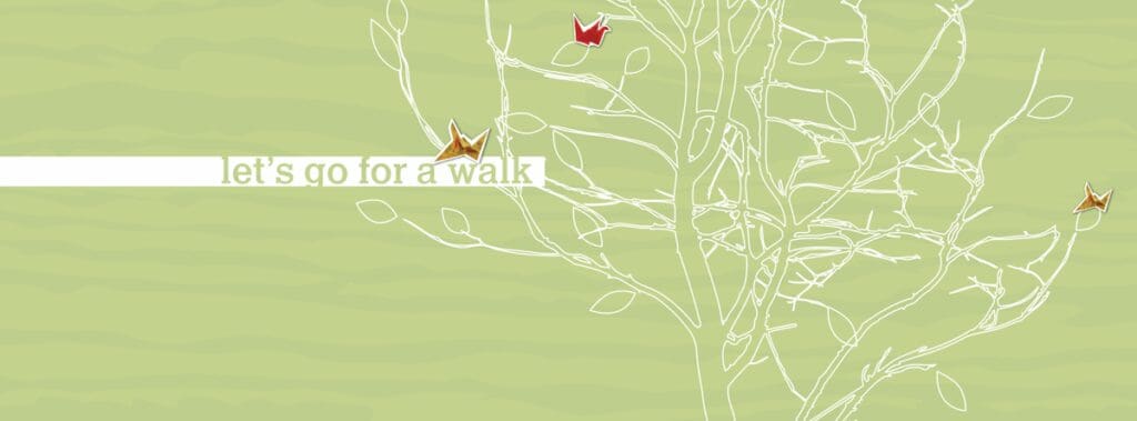 Minimalist bird illustration on a green background with 'for a walk' text.
