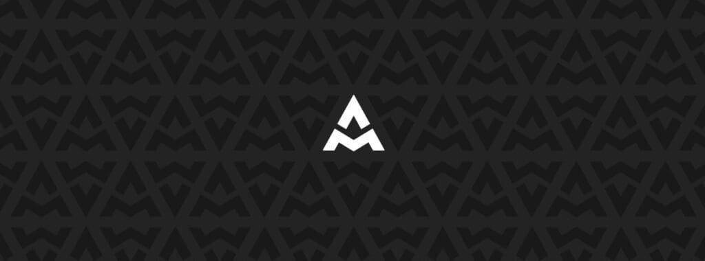 A stylized white letter 'M' logo on a dark patterned background.